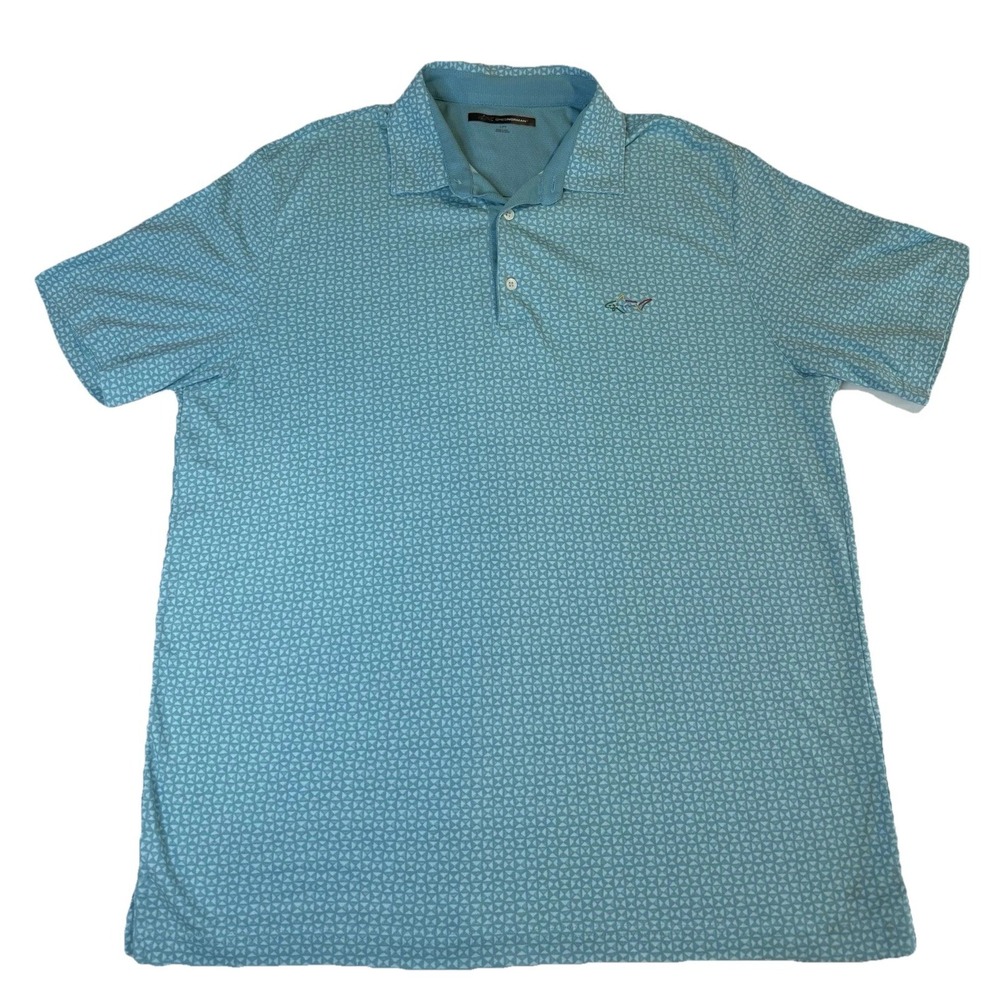 Greg Norman Men's Golf Polo Shirt L Teal Geometric Performance Short Sleeve